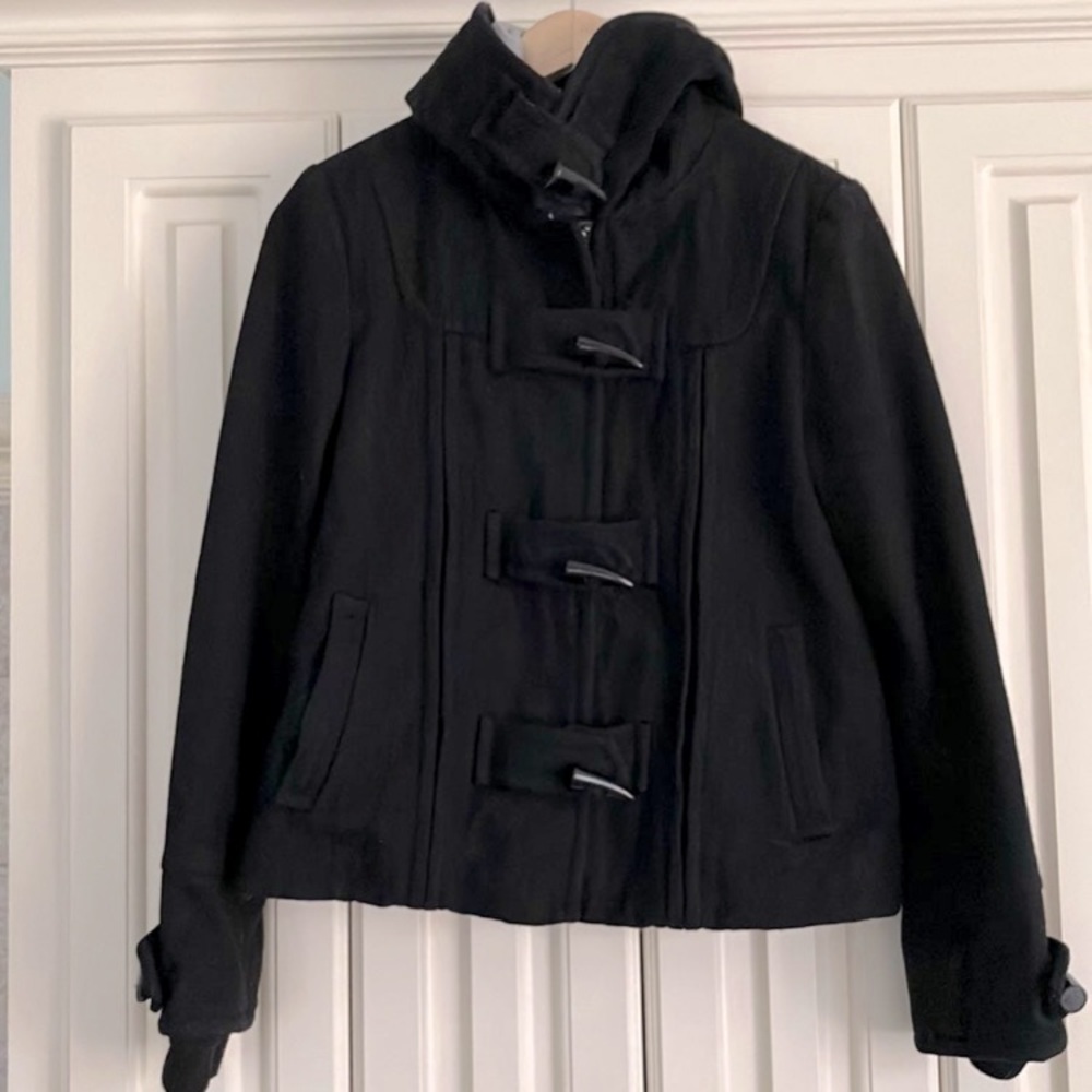 GUESS Los‎ Angeles Short Black Hooded Wool Blend Zip Up Toggle Jacket Size Small